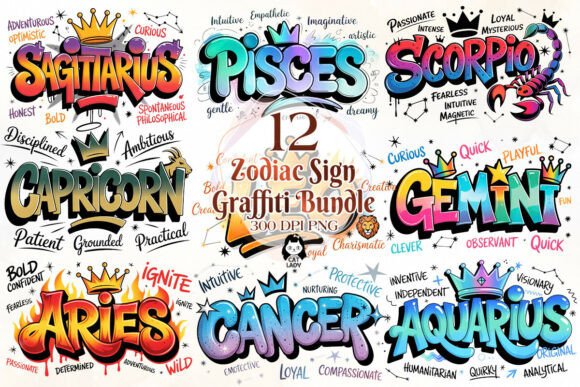 Download Zodiac Sign Graffiti Sublimation Bundle - Sub Collection